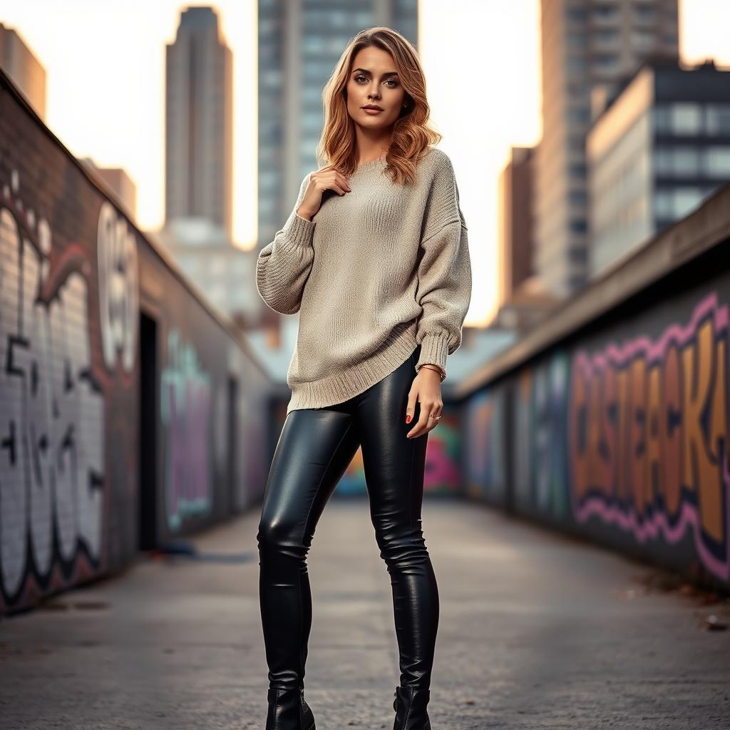 A stylish woman dressed in form-fitting black leather leggings paired with a chic oversized sweater