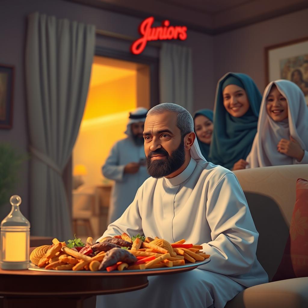 A scene depicting a Qatari man, dressed in traditional Qatari attire, sitting down with a somber expression