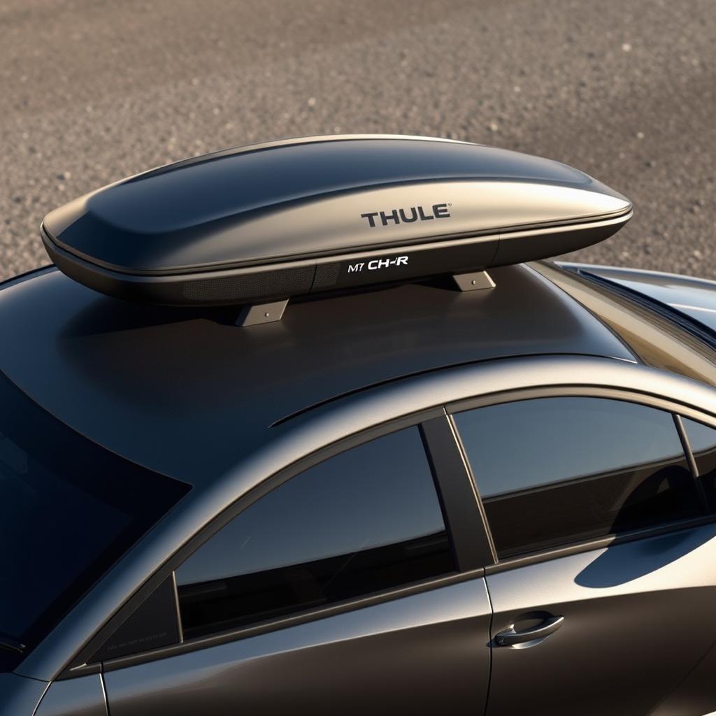 A realistic side view of a 2023 Toyota CH-R in anthracite gray with a Thule Touring M Anthracite Aeroskin roof box