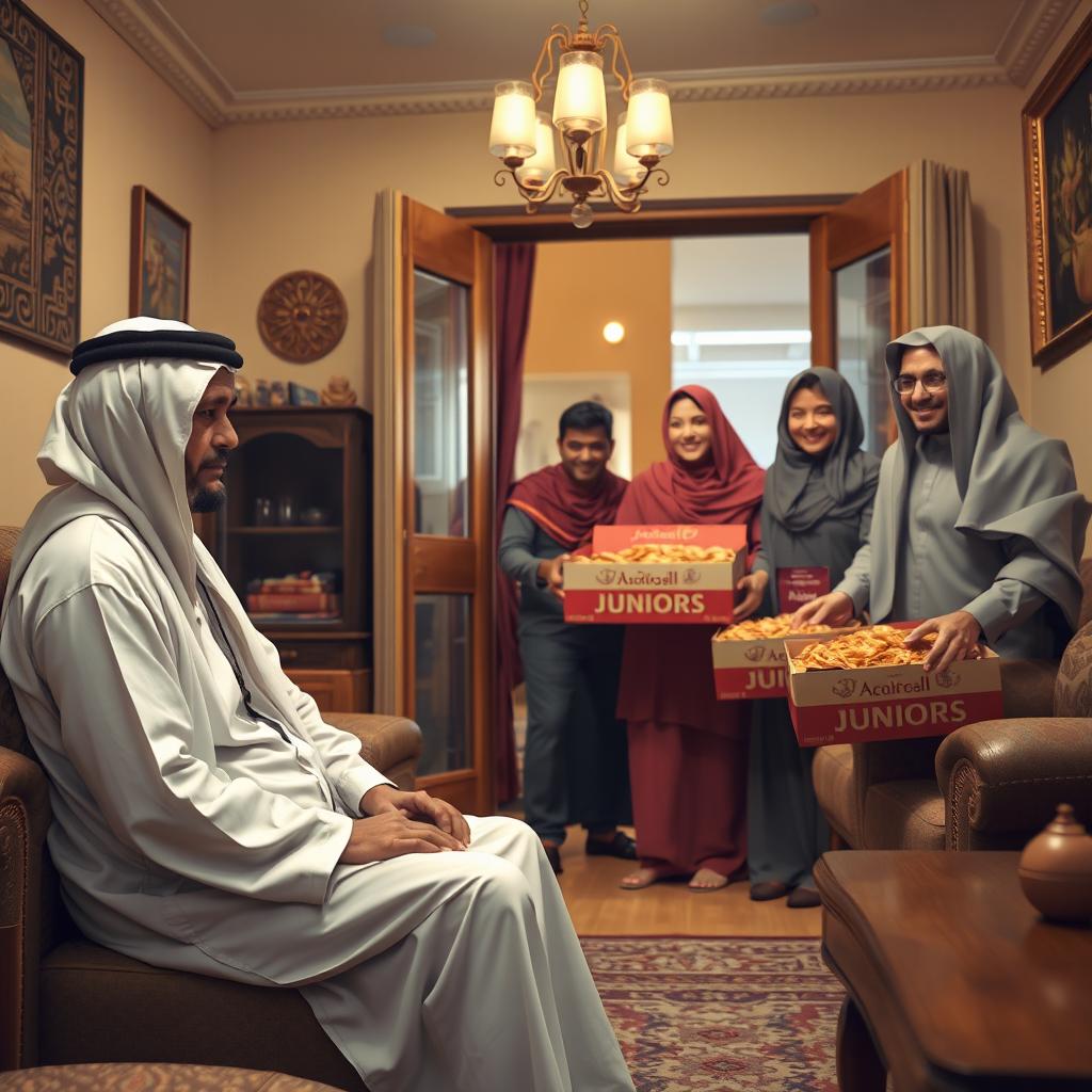 A scene depicting a Qatari man dressed in traditional clothing, sitting alone in his room looking sad