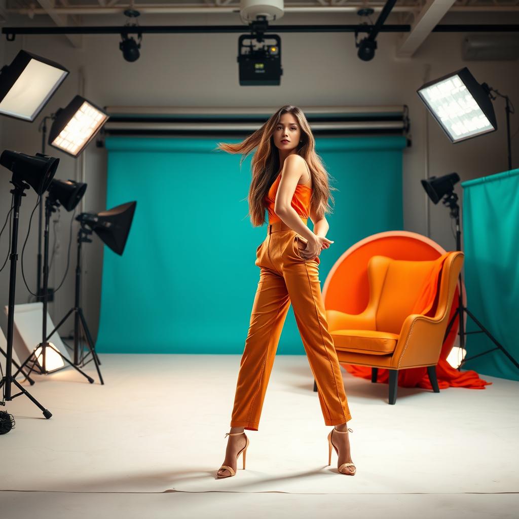 A captivating fashion photoshoot in a professional studio setting featuring a stunning model with long flowing hair wearing a stylish, vibrant outfit