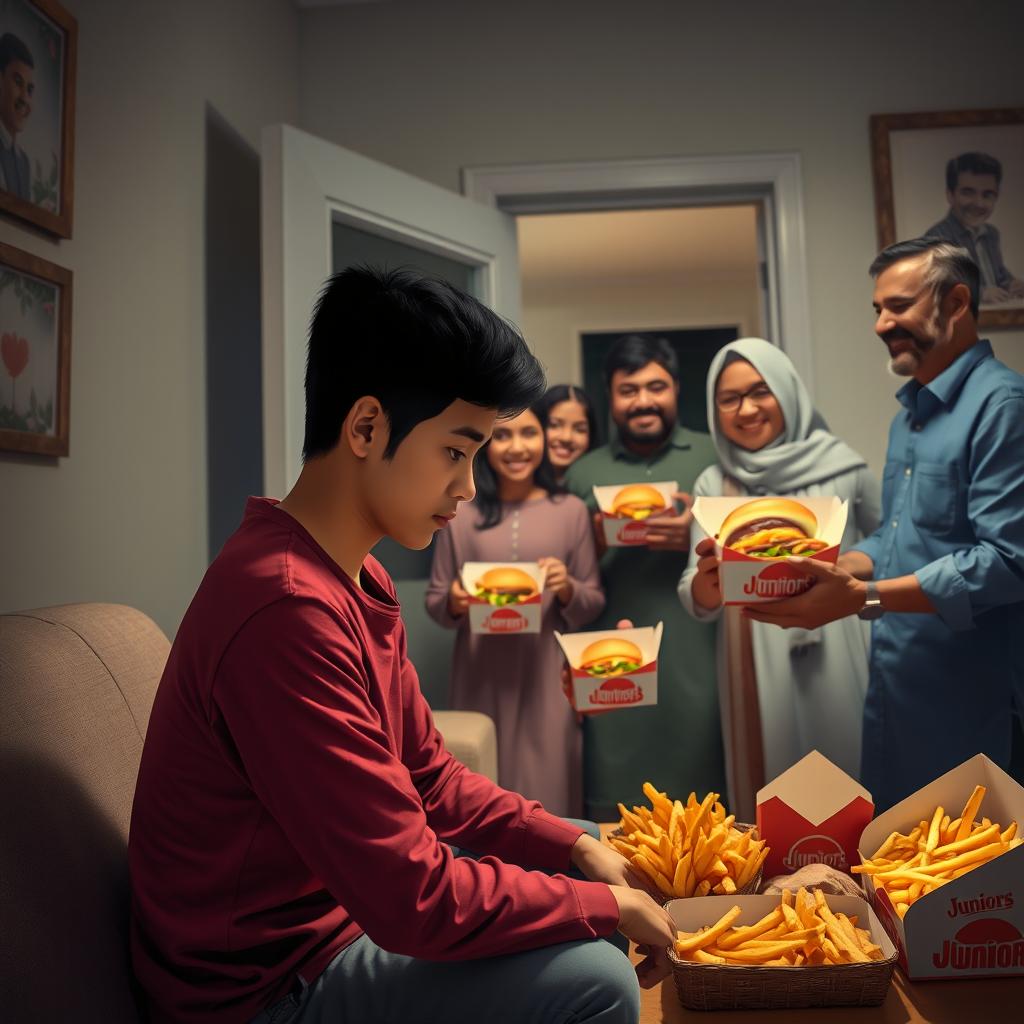 A heartwarming scene depicting a young man sitting alone in a room, feeling sad and lonely