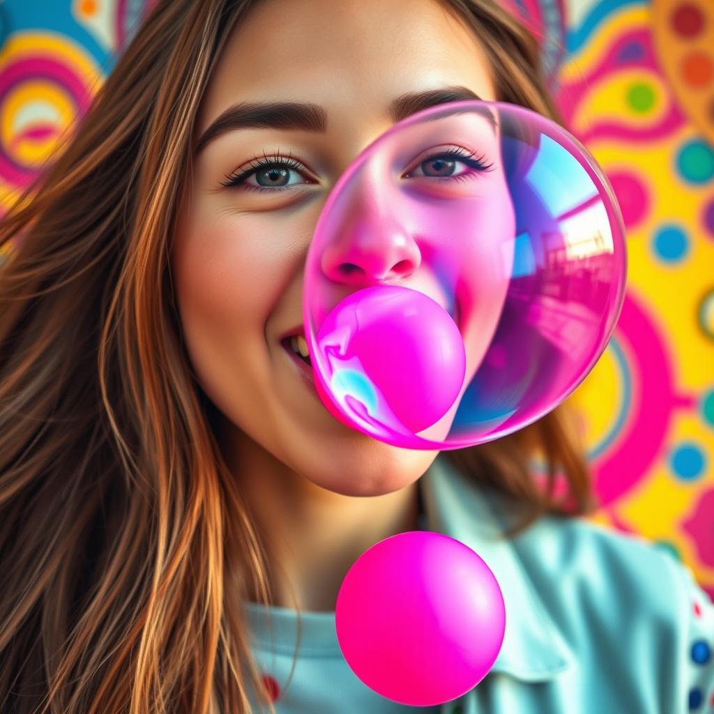 A vibrant and dynamic close-up shot of a young woman blowing a large bubble with colorful chewing gum