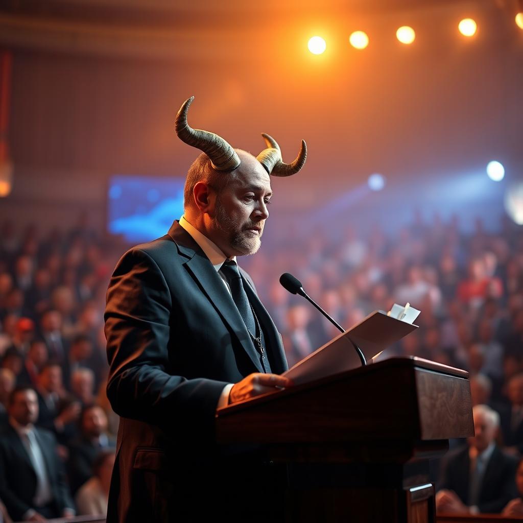 A man with horns on his head standing in front of a podium, reading a speech with serious expression, formal attire, and a dramatic backdrop that suggests a large audience