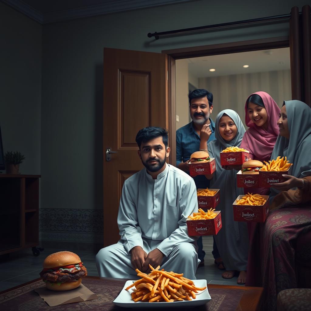 A poignant scene featuring a young man, dressed in traditional Qatari attire, sitting alone in a room with a sad expression