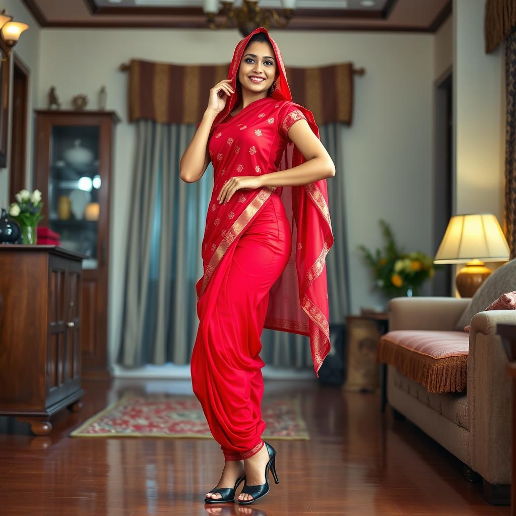 A Bengali maid dressed in a tight red salwar that accentuates her figure, elegantly covered head with a matching dupatta flowing gracefully