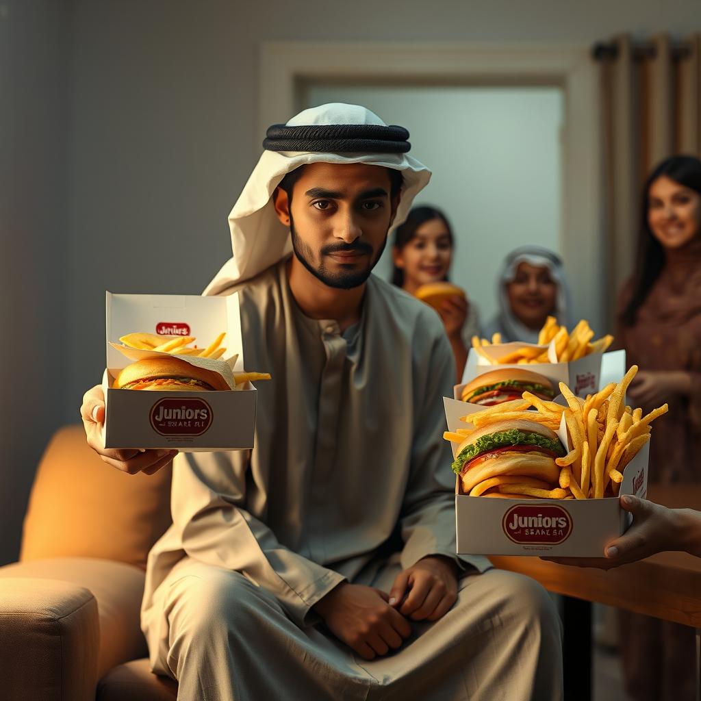 A touching scene featuring a young man dressed in traditional Qatari attire, sitting alone in a room with a sorrowful expression