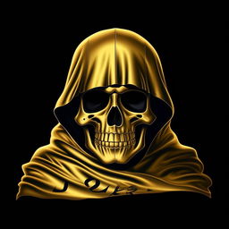 A golden skull wearing a cloak with the words 'RIP QUWU JR' inscribed on it, represented in a logo format.