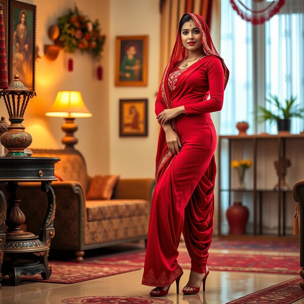 A Bengali maid dressed in a tight red salwar suit that fits her body elegantly, with a dupatta covering her head in a stylish manner