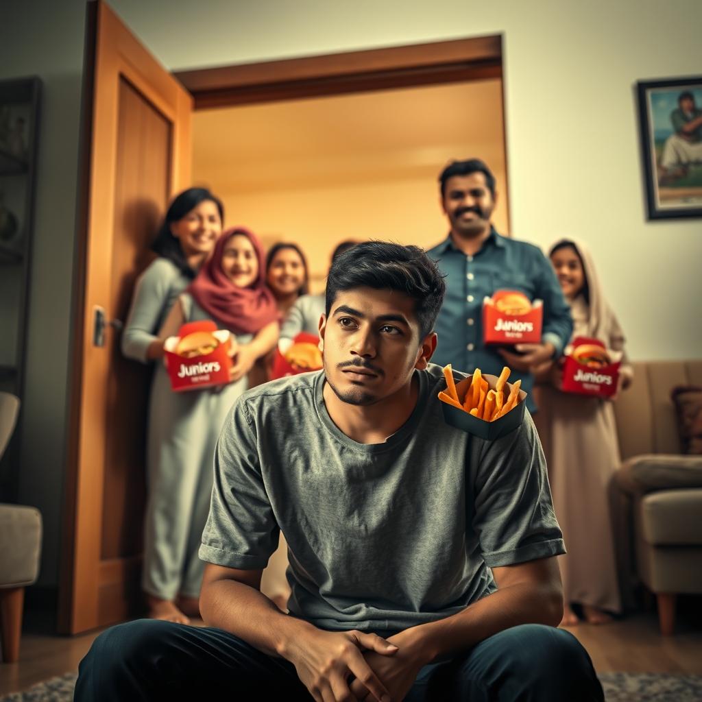An evocative advertising scene showcasing a young man sitting alone in a room, appearing sad and introspective