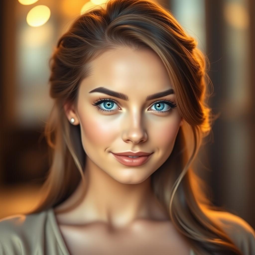 A beautiful young woman with striking features, her face poised with a confident expression
