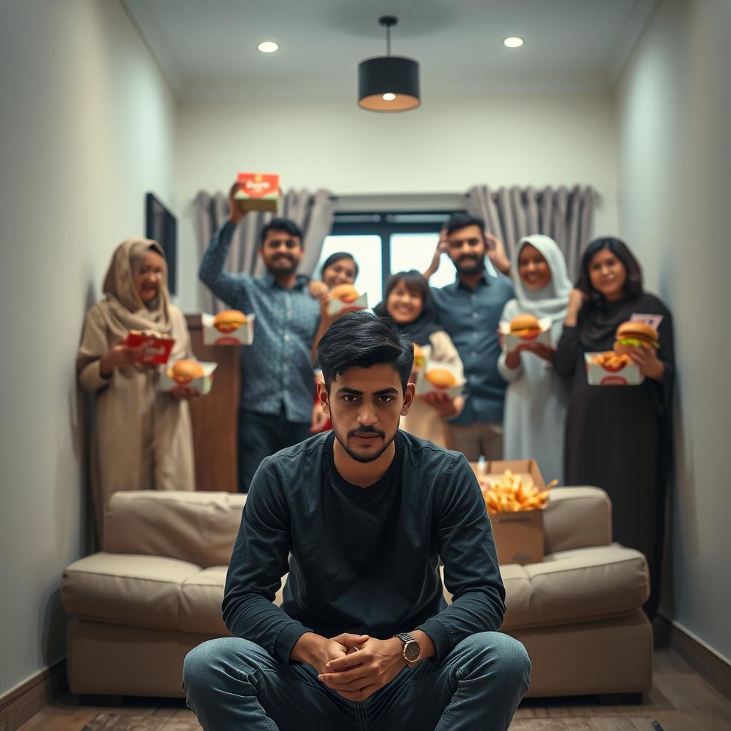 An engaging advertising scene showcasing a young man sitting alone in a room, looking sad and contemplative