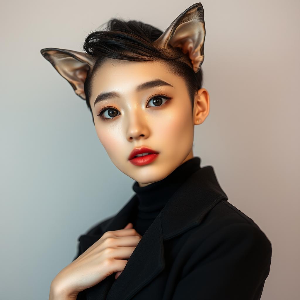 A Korean beauty model with a unique, captivating look resembling a hairless cat
