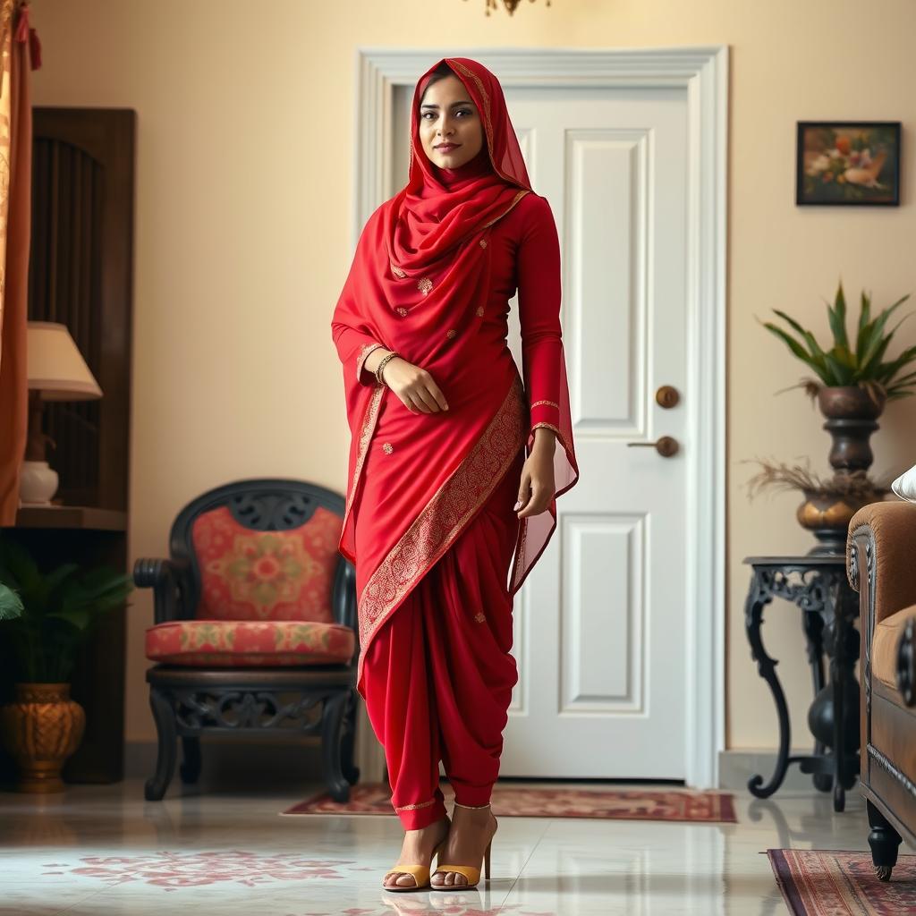 A Bengali Muslim maid dressed in a snug red salwar suit that beautifully contours her body, with her head covered by a matching dupatta that falls elegantly over her shoulders