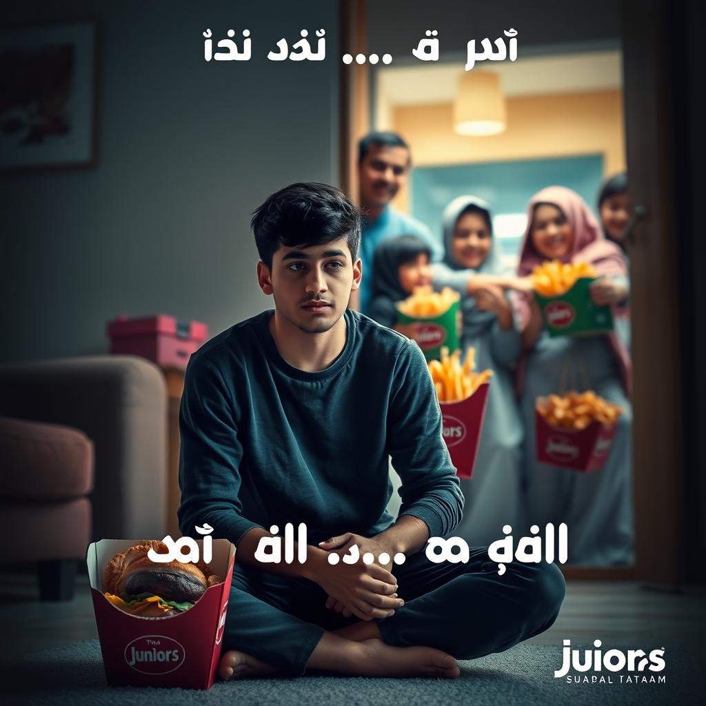 A touching advertising scene titled 'لمة حلوه … مذاق احلى', showcasing a young man sitting alone in a softly lit room, looking sorrowful and reflective