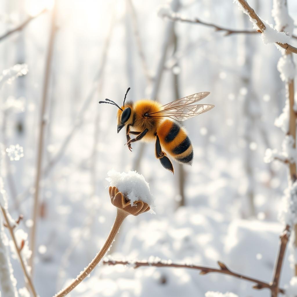 The gluttonous little bee buzzed eagerly through the white winter forest, surrounded by sparkling snowflakes and frost-covered trees