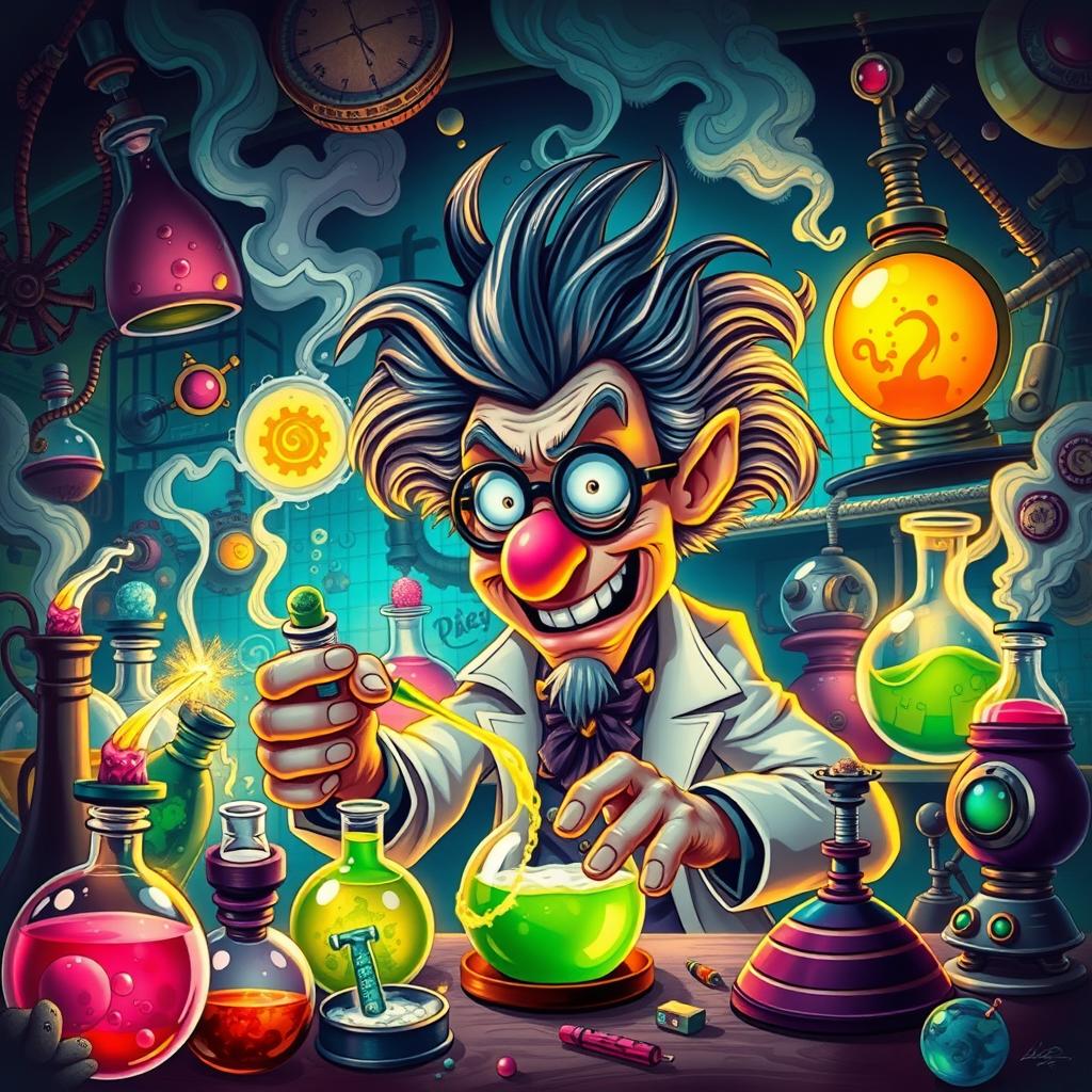 A vibrant and surreal representation of a mad scientist working in a chaotic laboratory filled with colorful potions, strange devices, and animated creatures