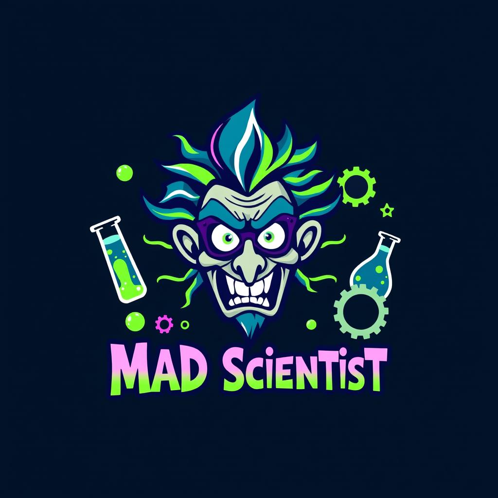 A creative and eye-catching logo design featuring a mad scientist theme