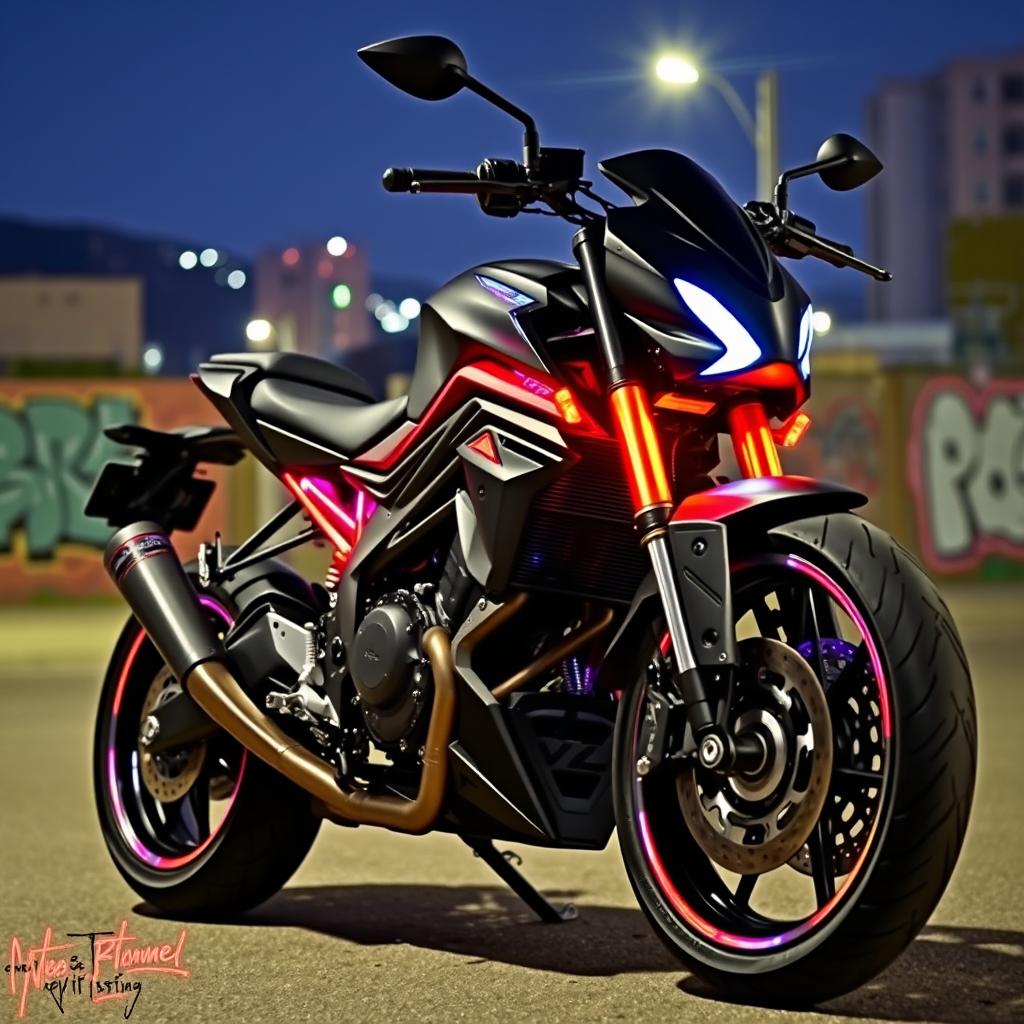 A modified motorcycle, showcasing a sleek, custom design with unique features such as elongated body lines, a matte black finish, and vibrant neon accents