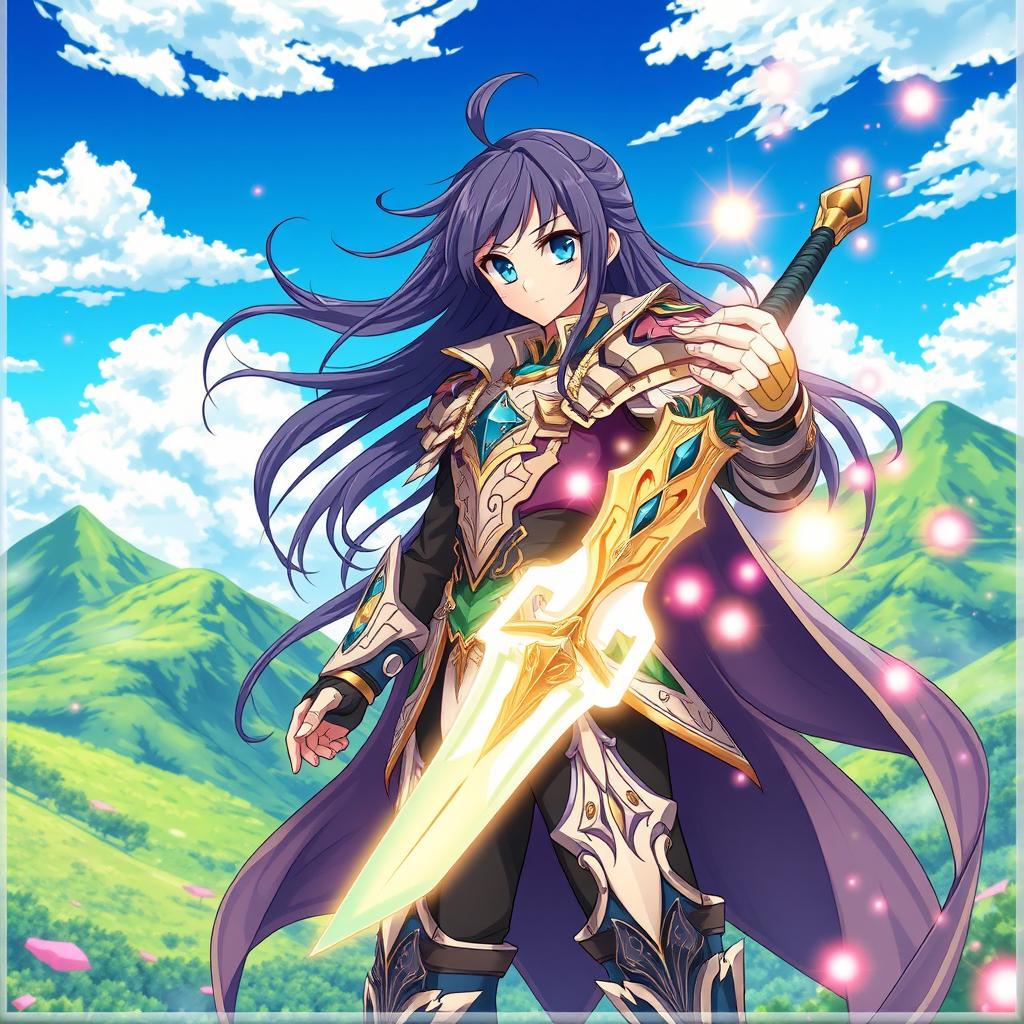Anime scene featuring a vibrant fantasy landscape with lush green mountains and a clear blue sky, filled with fluffy white clouds
