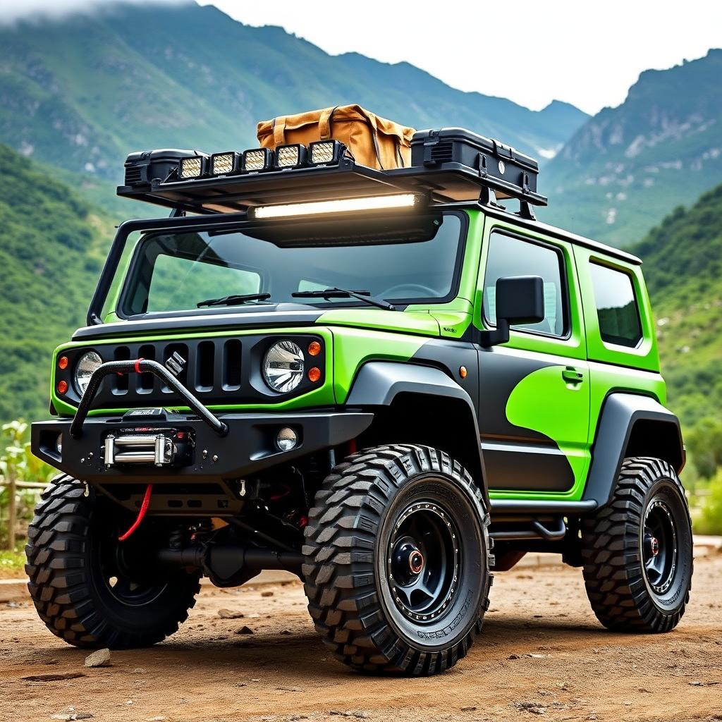 A modified Suzuki Jimny 4x4 with a rugged and adventurous appearance, featuring oversized all-terrain tires, a lifted suspension, and a striking two-tone paint job in bright green and black