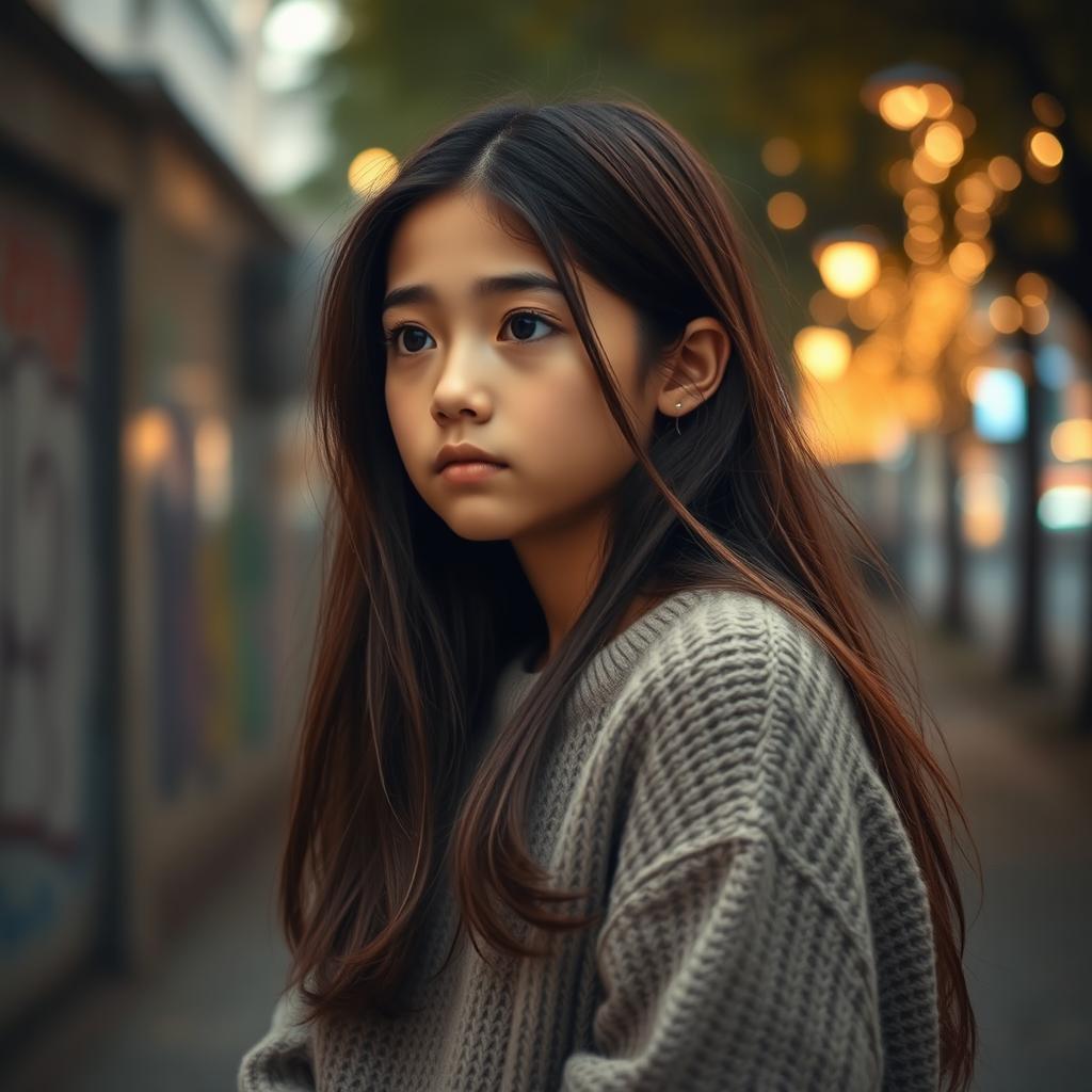 A thoughtful portrait of a young girl who feels invisible, portrayed in a serene urban setting