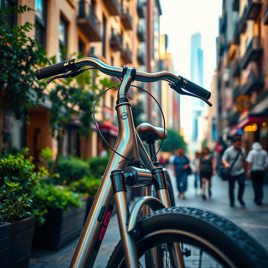 A close-up view of a sleek, modern bicycle parked against a vibrant urban backdrop