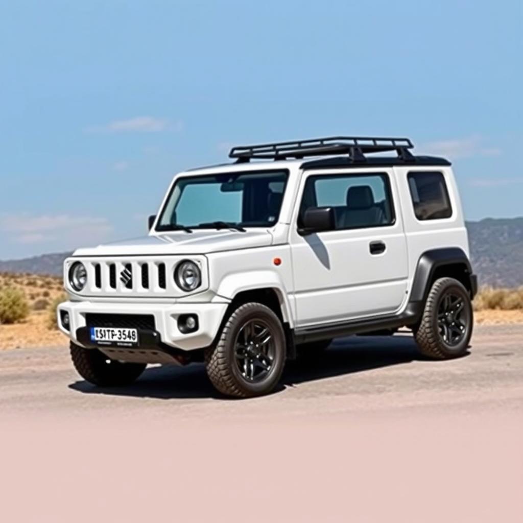 A dynamic vehicle wrap design for a Suzuki Jimny Caribbean modification, featuring a clean and bright white base that fully encompasses the entire vehicle