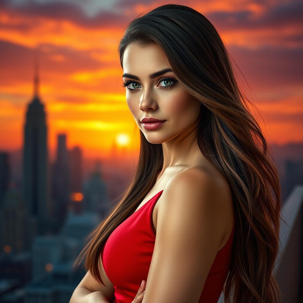 A stunning, hyper-realistic portrait of a confident woman with long, flowing brunette hair