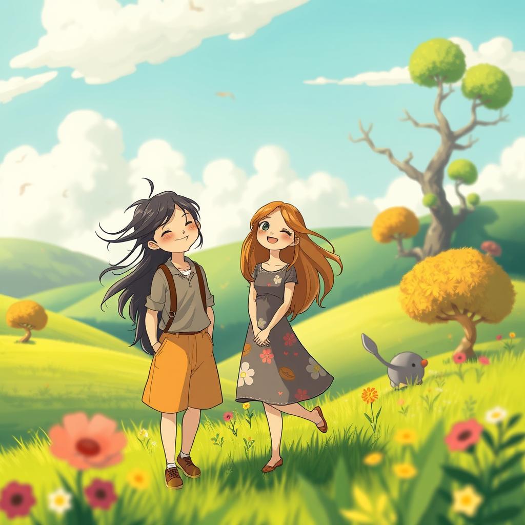 A heartwarming scene featuring a couple resembling the user and their girlfriend drawn in a whimsical Studio Ghibli style, surrounded by lush, vibrant nature reminiscent of Ghibli movies