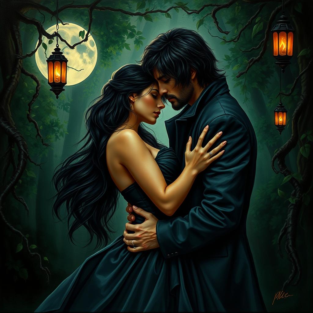 A dark romance scene featuring a mysterious couple intertwined in a passionate embrace, under the dim light of a full moon