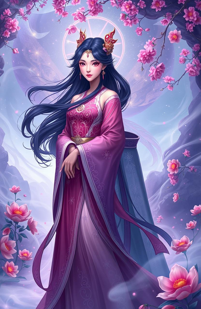 A divine scene featuring the character of the Red Pearl Fairy and her loyal attendant, Shen Ying