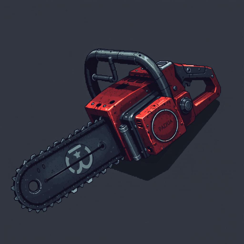 A detailed pixel art representation of a chainsaw designed with a dark, Soviet aesthetic