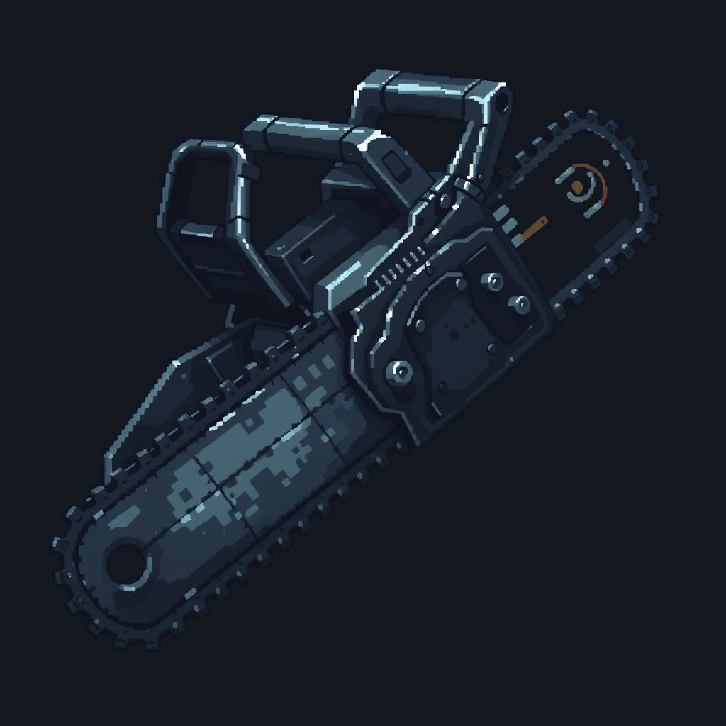 A detailed pixel art depiction of a realistic chainsaw in a dark theme