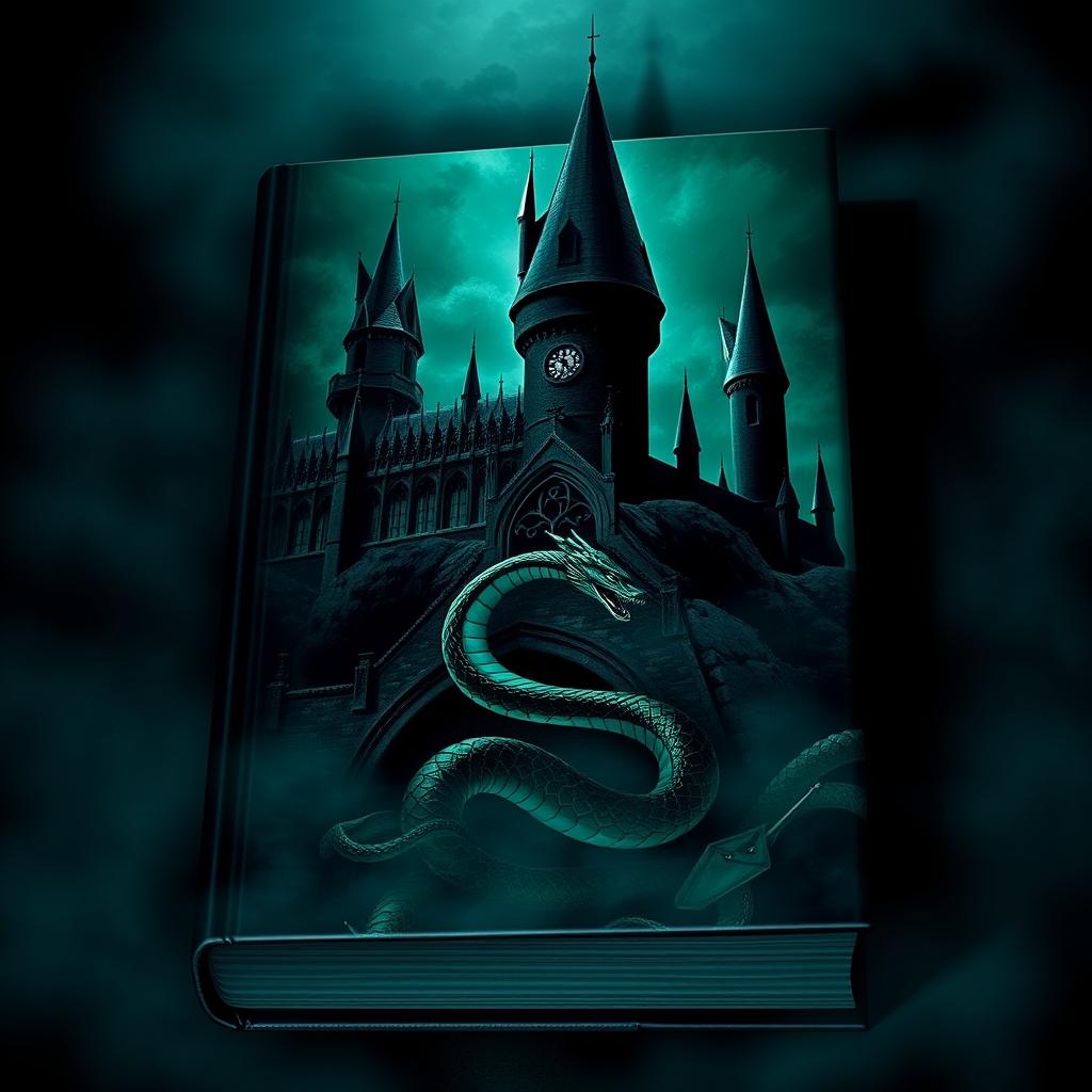 A haunting book cover featuring Hogwarts Castle and a snake symbolizing the Slytherin house, all set in dark, moody tones