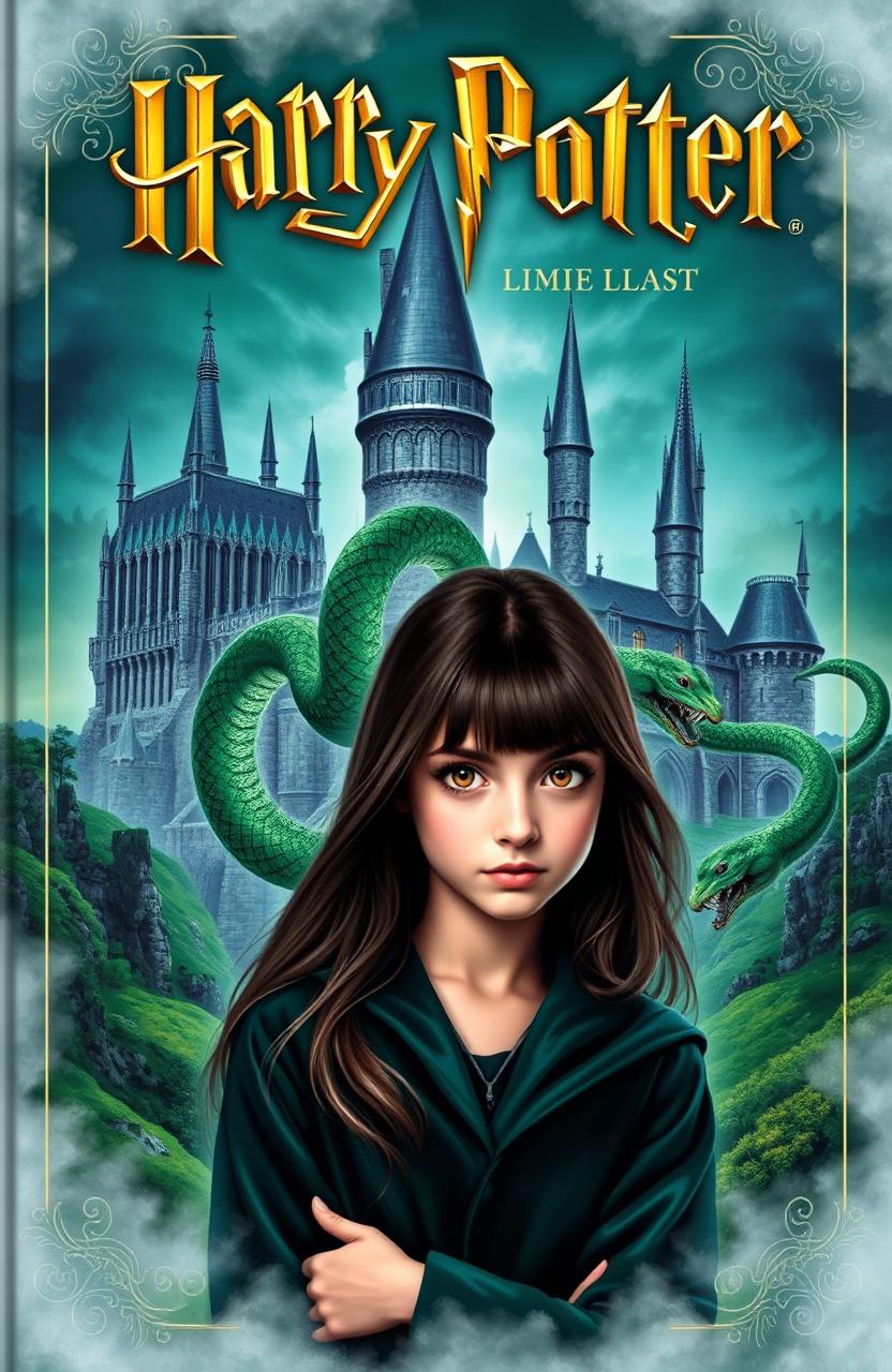 A beautifully designed cover featuring Hogwarts Castle, surrounded by a mystical atmosphere, with the Slytherin house symbol - a snake elegantly intertwined around the castle