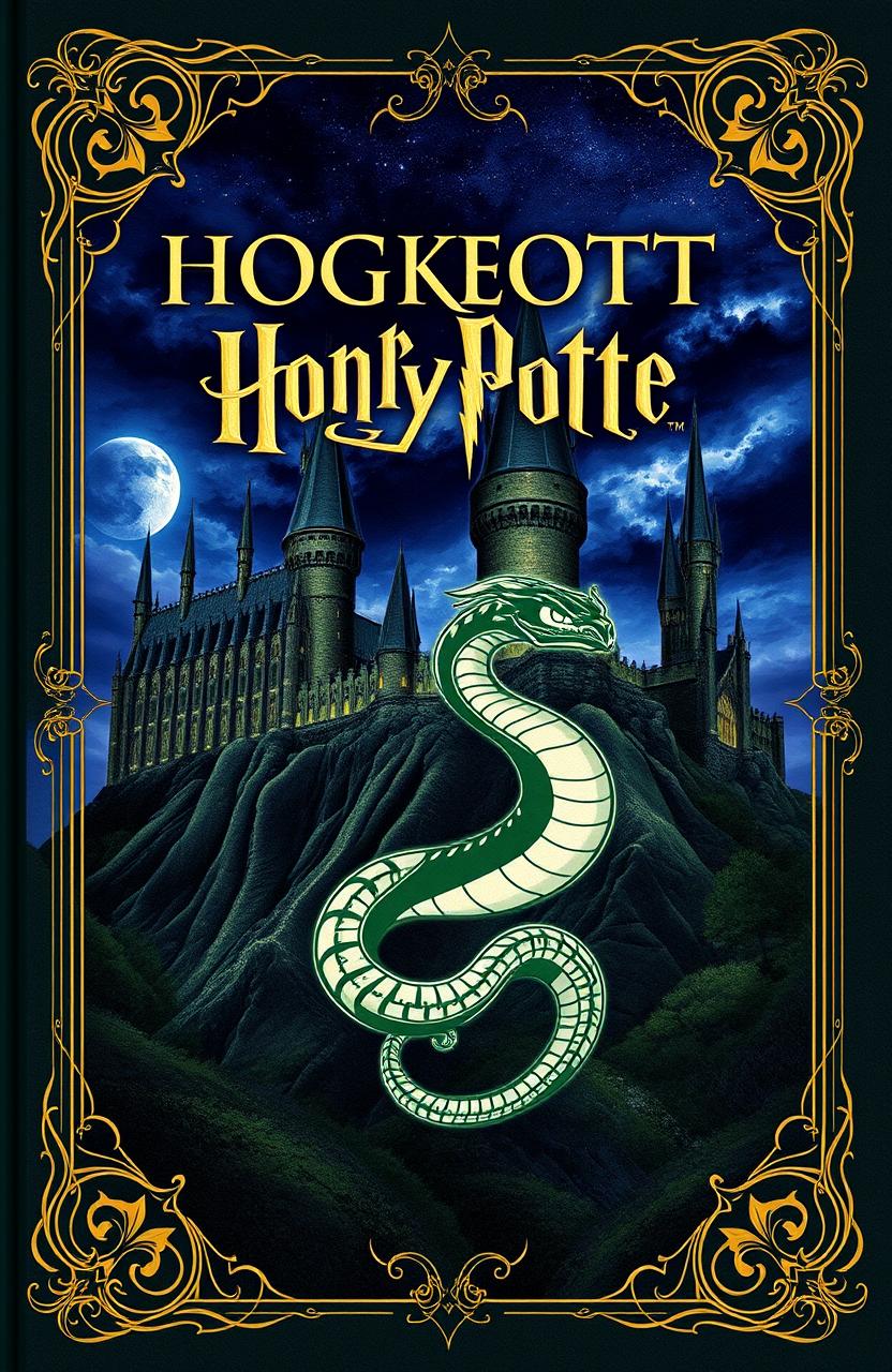 A book cover featuring the majestic Hogwarts castle set against a dramatic night sky, with a prominent symbol of a serpent representing the Slytherin house in the foreground