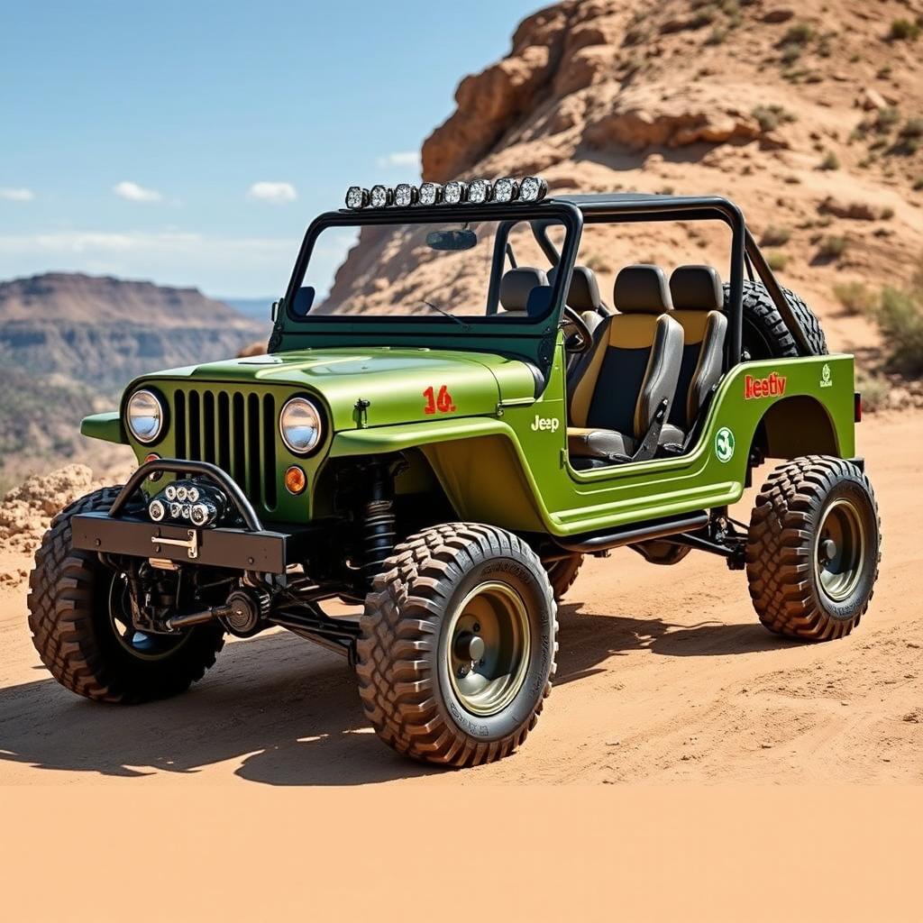 A unique vehicle design that blends elements of a buggy and a classic Jeep Willys, tailored to accommodate 8 to 10 passengers