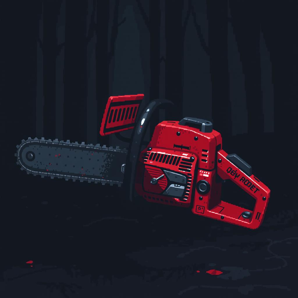 A dark and realistic pixel art depiction of a Soviet red chainsaw, sized at 64x64 pixels