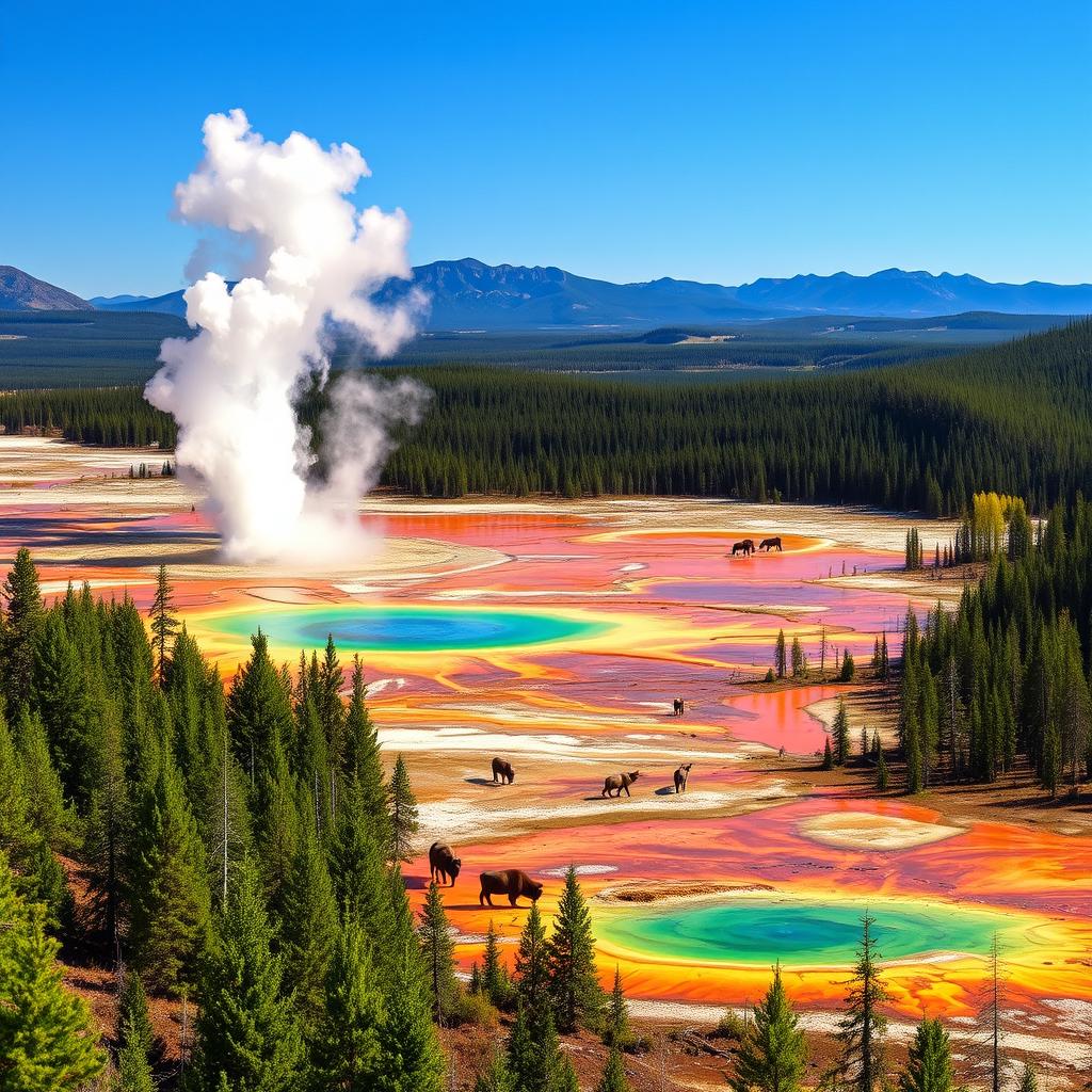 A breathtaking landscape reminiscent of Yellowstone National Park, featuring dramatic geysers erupting against a backdrop of vibrant, multicolored hot springs