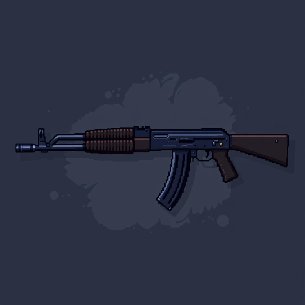 A pixel art representation of a Soviet AK-47 rifle, designed in a realistic style with an emphasis on dark colors and details