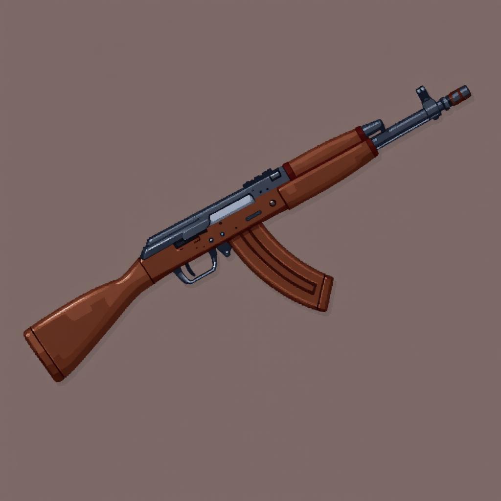 A pixel art depiction of a Soviet AK-47 rifle, designed in a realistic style that emphasizes the fine details of the weapon