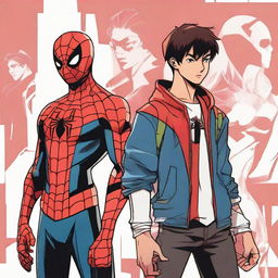 Spider-Man in the distinct 'God of High School' art style, standing shoulder to shoulder with Jin Mori. They are exchanging determined glances, poised and ready for battle.