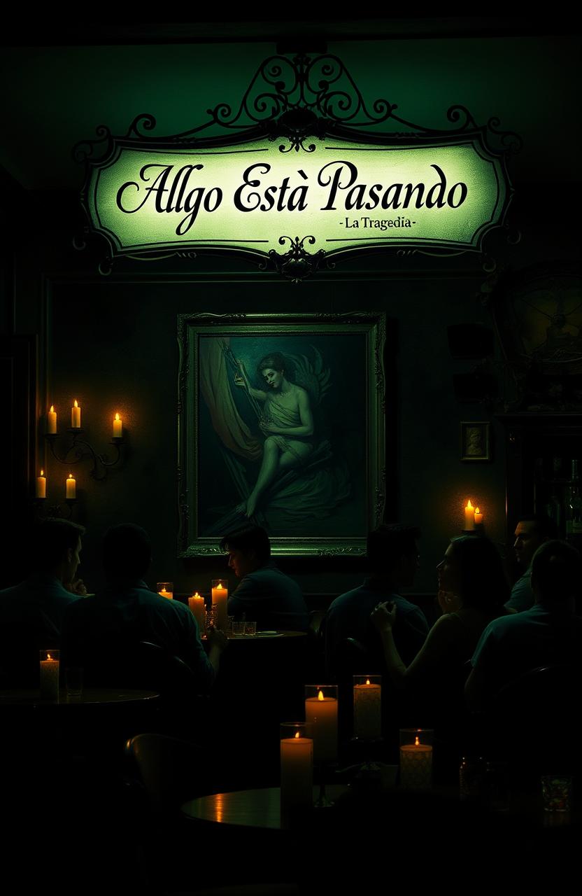 A darkly lit bar with an atmosphere of mystery and tension, featuring intricately designed wooden furniture and softly flickering candles casting shadows on the walls