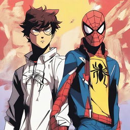 Spider-Man in the distinct 'God of High School' art style, standing shoulder to shoulder with Jin Mori. They are exchanging determined glances, poised and ready for battle.