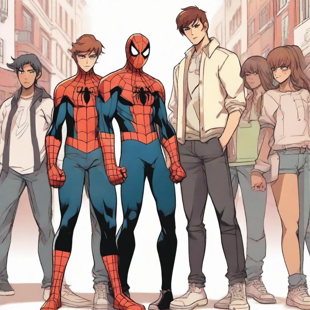 Spider-Man in the distinct 'God of High School' art style, standing shoulder to shoulder with Jin Mori. They are exchanging determined glances, poised and ready for battle.