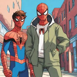 Spider-Man in the distinct 'God of High School' art style, standing shoulder to shoulder with Jin Mori. They are exchanging determined glances, poised and ready for battle.