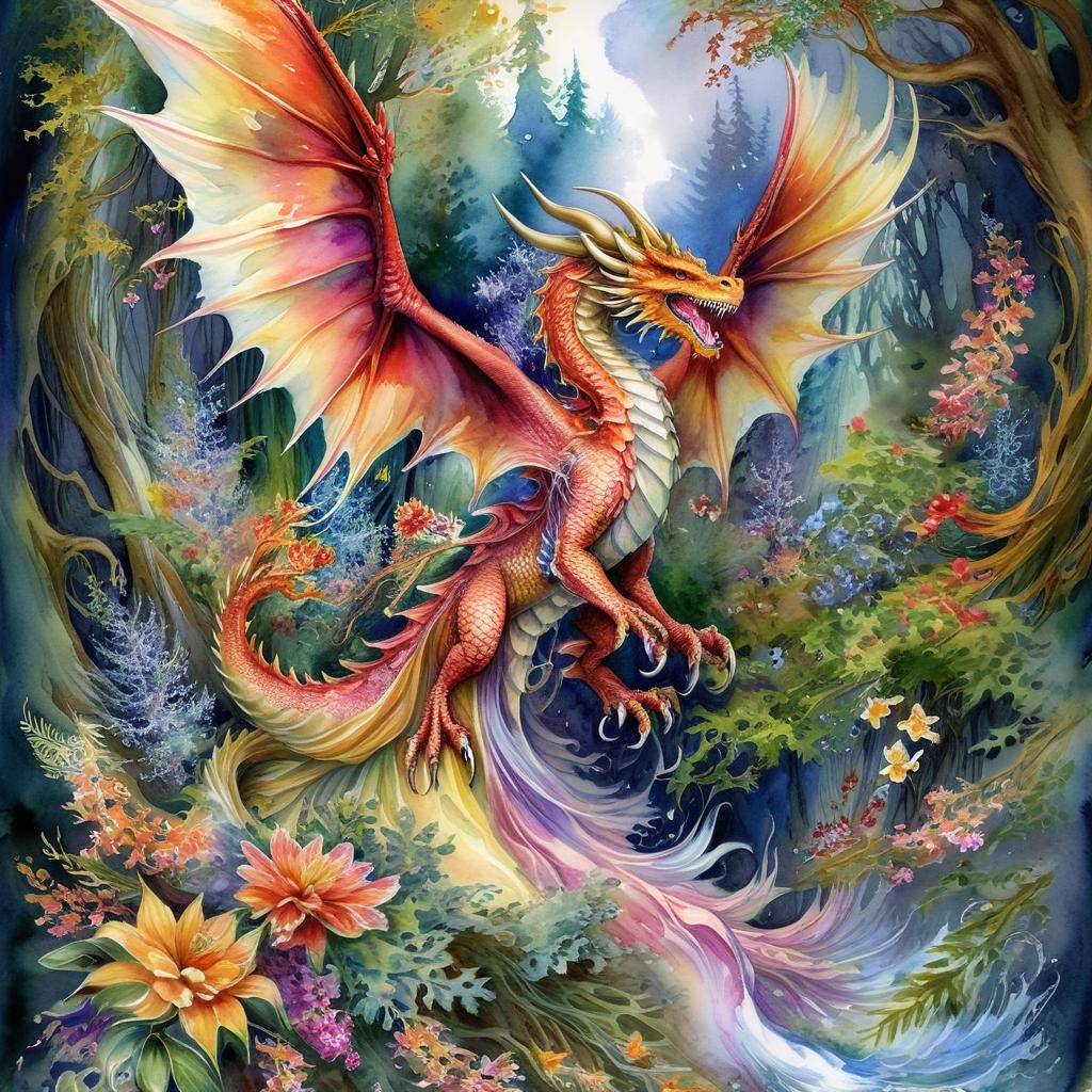 Mystical and spiritual watercolor painting of a winged dragon in a dense forest with winding trees and a whirlwind of colorful and beautiful flowers.