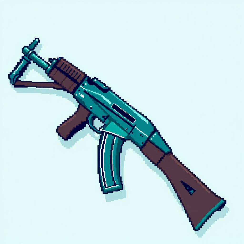 A pixel art depiction of an AK-47 rifle, designed in a realistic style that captures the intricate details of the weapon