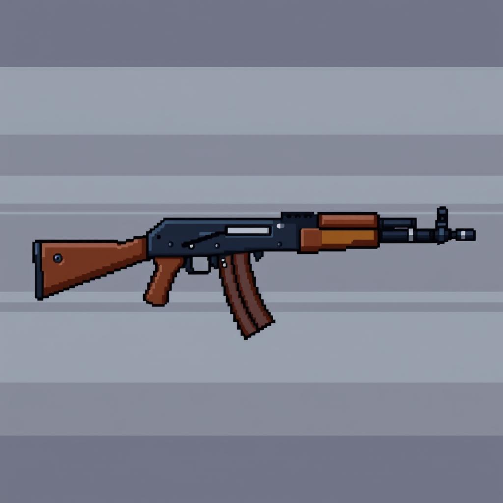 A pixel art representation of an AK-47 rifle, rendered in a realistic style that highlights the weapon's distinctive details